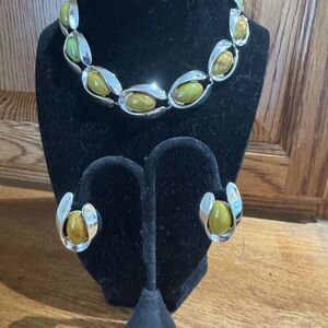 Vintage 1950s Charel Bakelite Olive Green Thermoset Necklace and Earrings